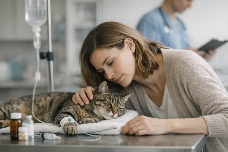 Katzen-Notfallbehandlung Eine besorgte Katze wird von einem Tierarzt in einer Notfallsituation behandelt.