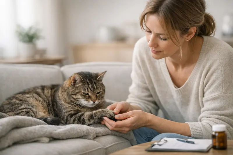 Eine Katze mit Schmerzen in der Pfote, die ärztlich untersucht wird, weshalb Arthrose als Vorerkrankung betrachtet werden kann.