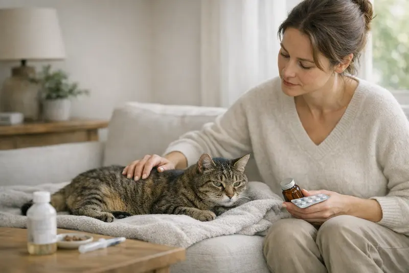 Eine Katze von hinten, die zum Tierarzt geht, während ihr Halter nach den besten Versicherungsoptionen sucht.
