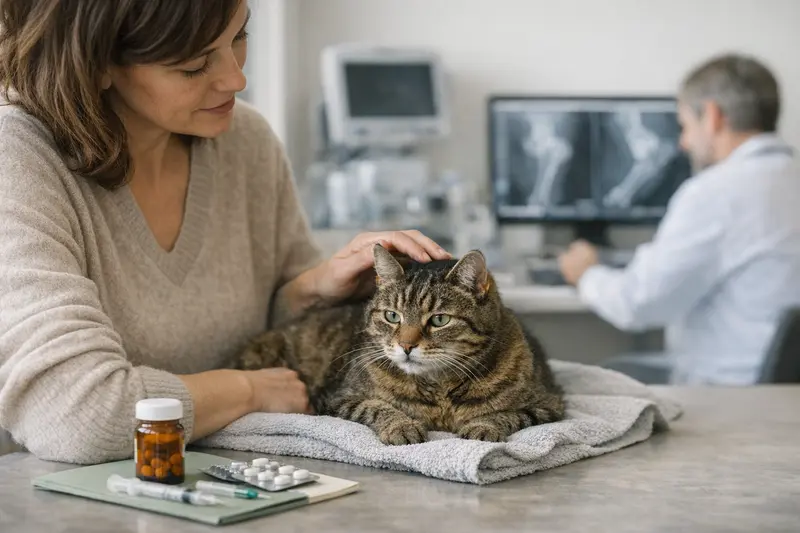 Kostenfaktoren bei Arthrose bei Katzen Katzenarzt bei der Untersuchung einer Katze mit Arthrose-Symptomen.