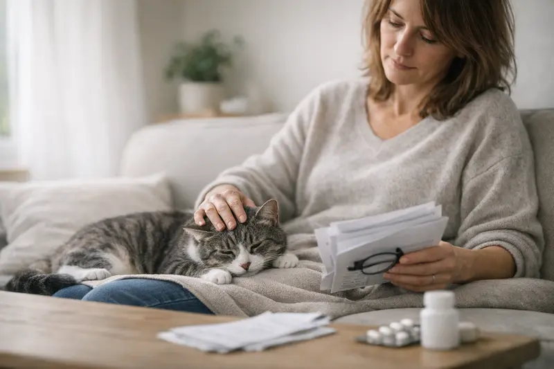 Eine Katze beim Tierarzt, die auf eine Untersuchung vorbereitet wird, während die Halterin über Selbstbeteiligung und Jahreslimit nachdenkt.