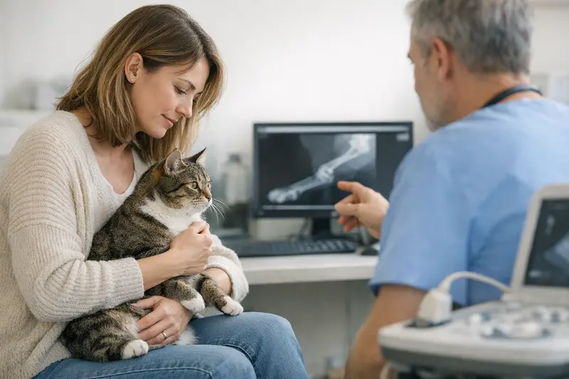 Katzenversicherung und Diagnostik Eine Untersuchung einer Katze beim Tierarzt, die Lahmheit zeigt.