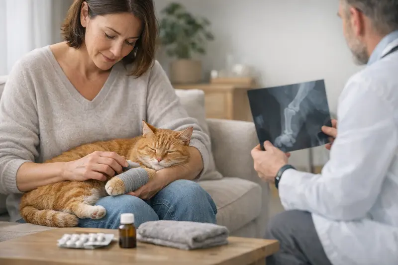 Eine Katze wird tierärztlich untersucht, um Arthrose zu diagnostizieren.