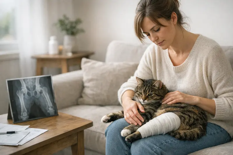 Katzenversicherung und Vorerkrankungen Katzenhalter prüft die Vertragsbedingungen zur Katzenversicherung vor dem Hintergrund eines Tierarztes.