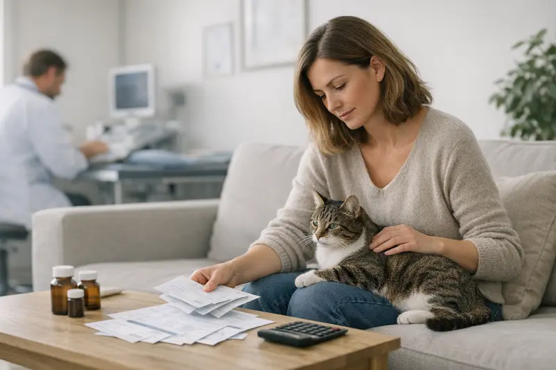 Eine Katze beim Tierarzt, die auf eine Untersuchungstisch liegt.