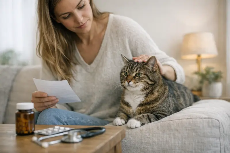 Tierarztbesuch zur Klärung der Versicherungsdetails für Katzen Katzendoktor untersucht eine behandelte Katze auf mögliche Vorerkrankungen für eine Versicherung
