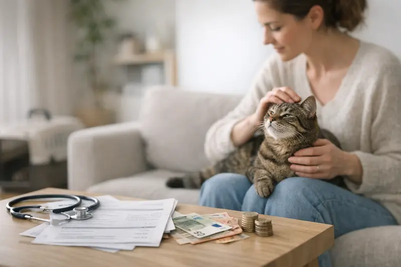 Katzenversicherung und Selbstbeteiligung Eine glückliche Katze beim Tierarzt, die sichtbare Gesundheit und Sicherheit ausstrahlt.