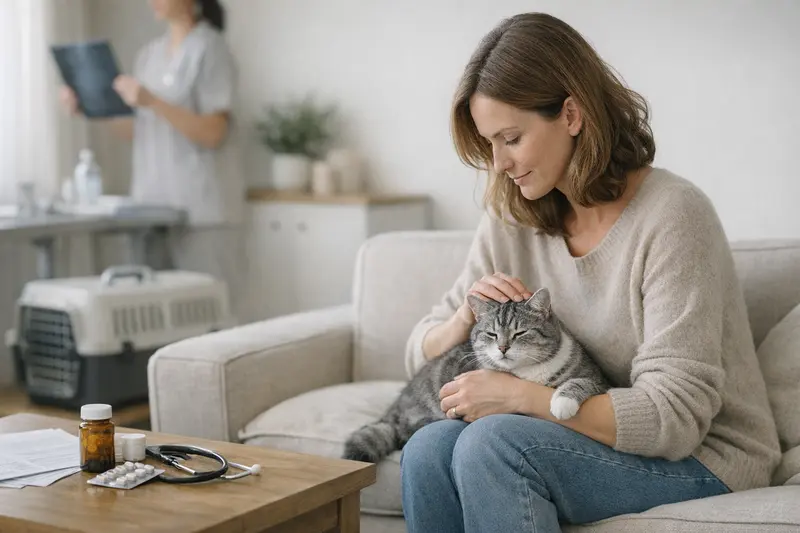 Katzenuntersuchung beim Tierarzt Eine Katze wird von einem Tierarzt untersucht, um die Notwendigkeit einer OP-Versicherung zu klären.