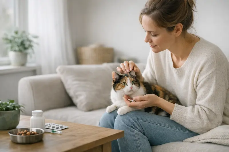 Katzenvorsorgeuntersuchung Eine Katze erhält tierärztliche Vorsorgeuntersuchung zur Gesundheitsüberprüfung.