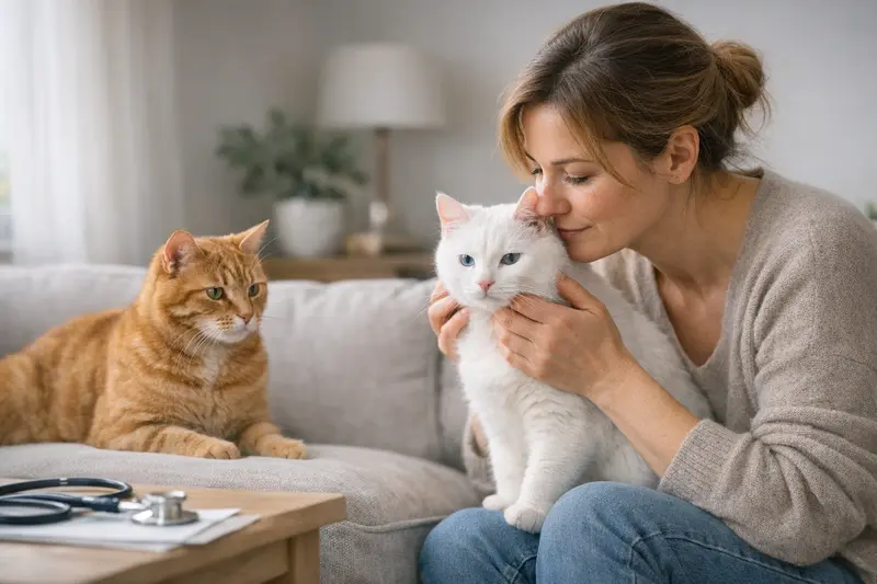 Eine weiße Katze mit aufmerksamem Blick, die Fragen zur Versicherungswahl aufwirft.