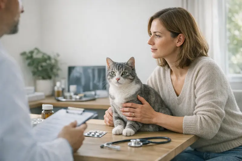 Wichtige Punkte in der Katzenversicherung Eine Katze bei einem Tierarzt, die untersucht wird, symbolisiert die Wichtigkeit einer umfassenden Katzenversicherung.
