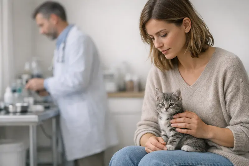Ein gesundes Kitten bei einem Tierarztbesuch zur Vorsorgeuntersuchung, um die Notwendigkeit einer Katzenversicherung zu evaluieren.