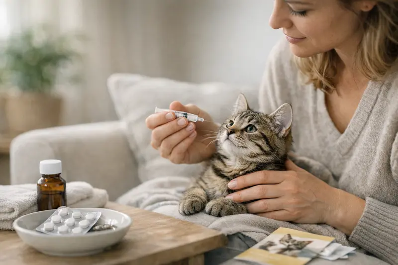 Eine Katze mit einem Tierarzt, die zur Impfung und Entwurmung vorbereitet wird.