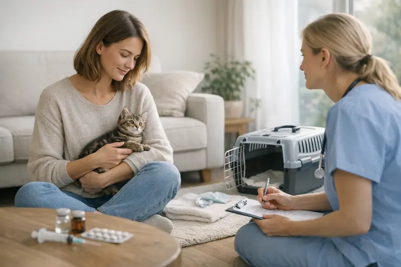 Katzenimpfungen und Vorsorgeuntersuchungen Eine Katze beim Tierarzt, die für Impfungen und Vorsorge untersucht wird.