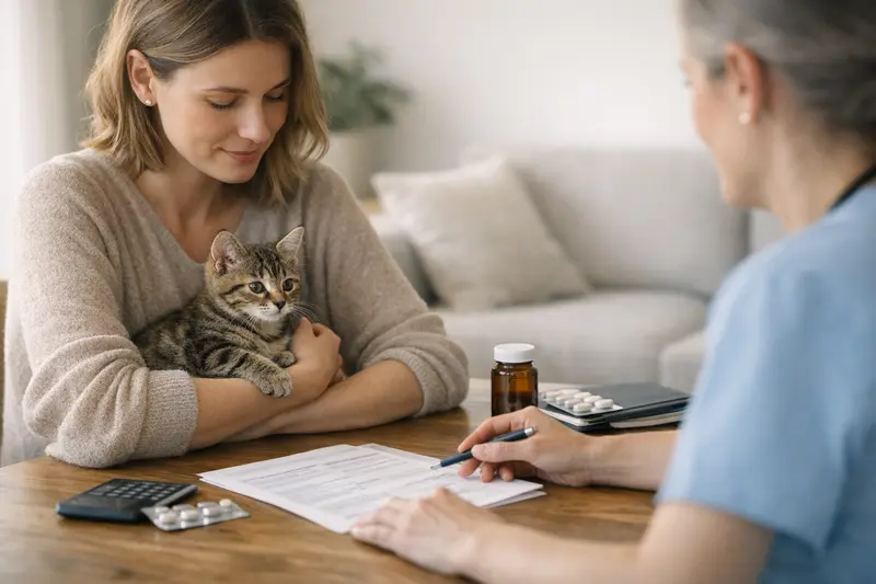 Katzengesundheit und Versicherung Eine Katze auf dem Tisch beim Tierarzt, der sich mit Kosten und Versicherungen auseinandersetzt.