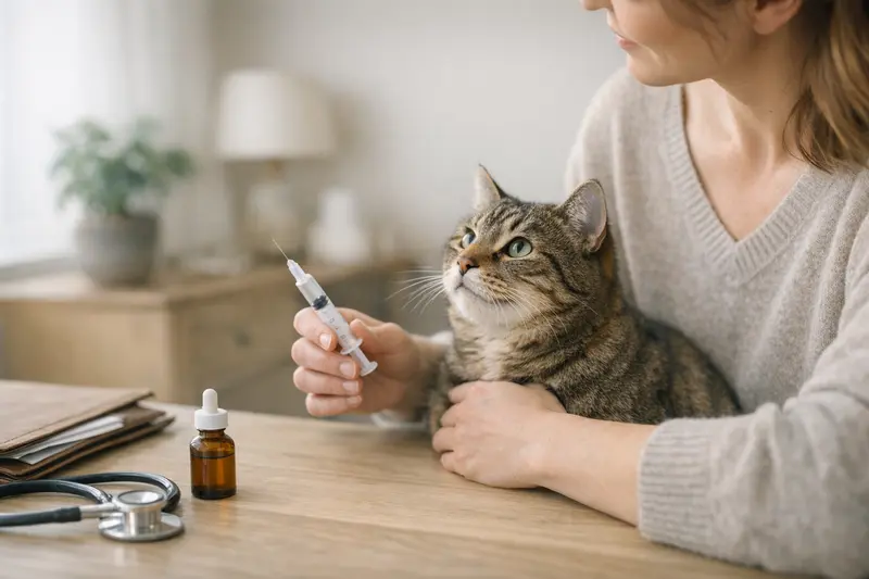 Tierarztbesuch für Katzenimpfungen Eine Katze beim Tierarzt, die eine Impfberatung erhält und Informationen zur Vorsorge erhält.