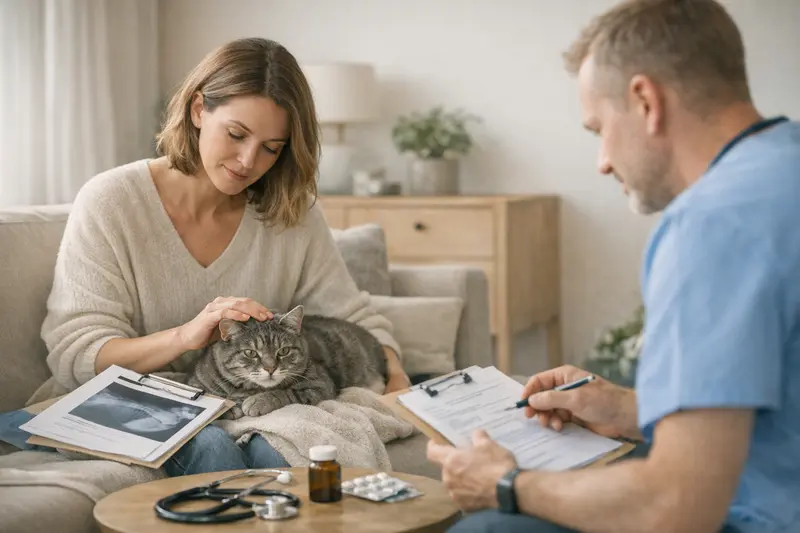 Katzengesundheit und Vorerkrankungen Eine Katzenhalterin bespricht die Absicherung von Vorerkrankungen mit einem Tierarzt.
