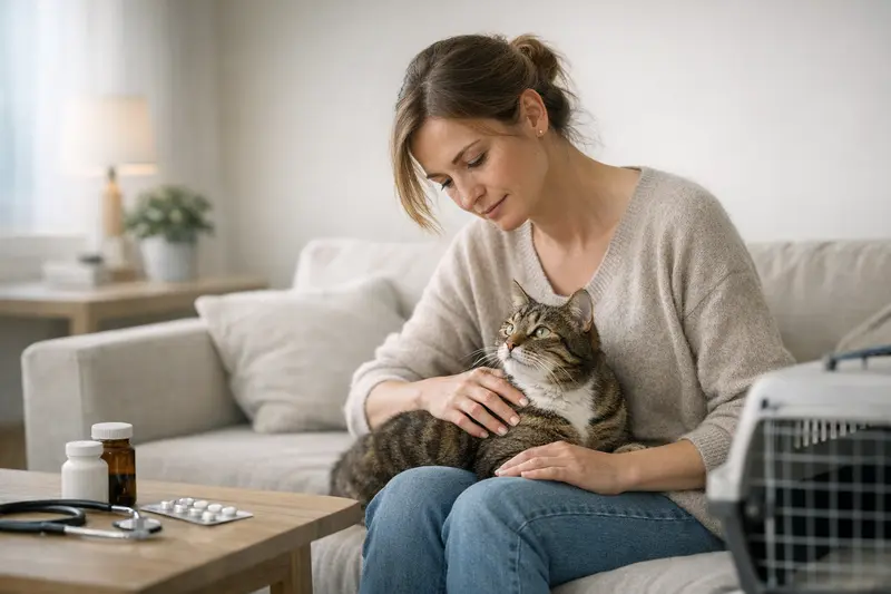 Eine Katze wird von einem Tierarzt untersucht, um die Notwendigkeit einer Katzenversicherung zu erläutern.