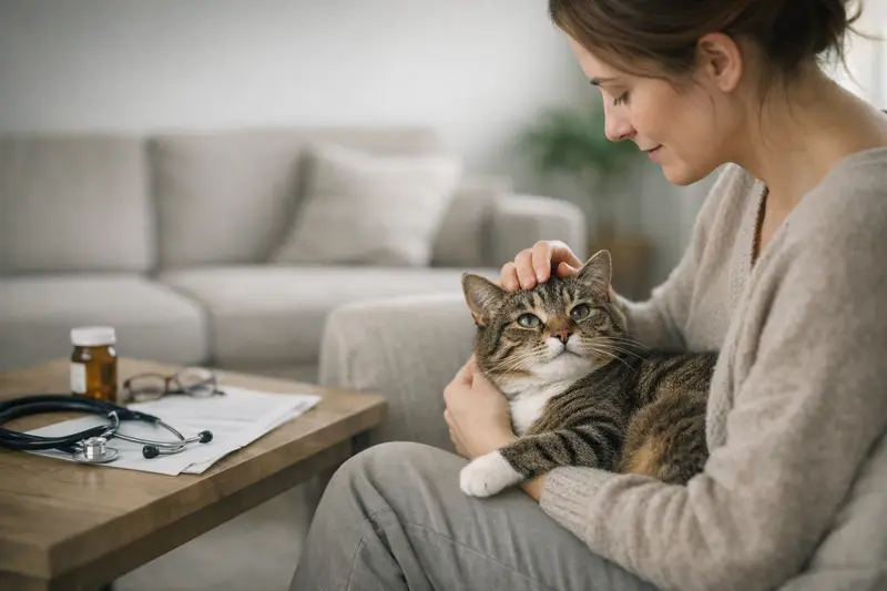 Katzenversicherung und Tierarztkosten Eine Katze sitzt auf einem Tisch beim Tierarzt, während der Besitzer sich über Katzenversicherung informiert.