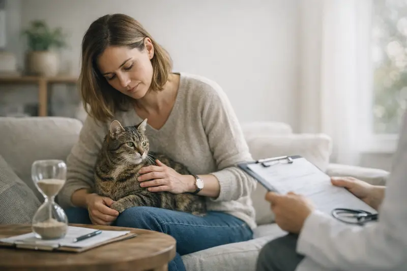 Eine Katze sitzt neugierig während der Tierarztüberprüfung und zeigt ihre Gesundheit.