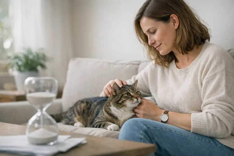 Eine zufriedene Katze mit einem Tierarzt, die den Gesundheitszustand überprüft.