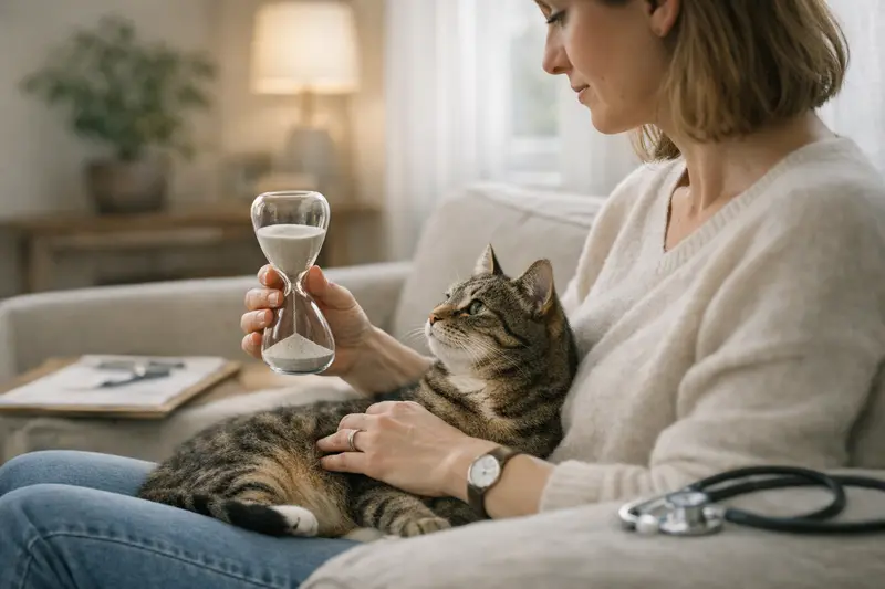 Eine Katze in einer Tierarztpraxis, die kurz vor einer Untersuchung steht, um Fragen zur Versicherung zu klären.