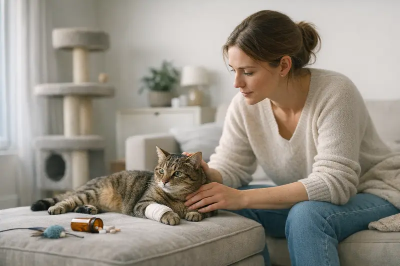 Katzenversicherung für Wohnungskatzen Eine glückliche Wohnungskatze liegt entspannt auf einem Sofa und genießt die Sicherheit einer Katzenversicherung.