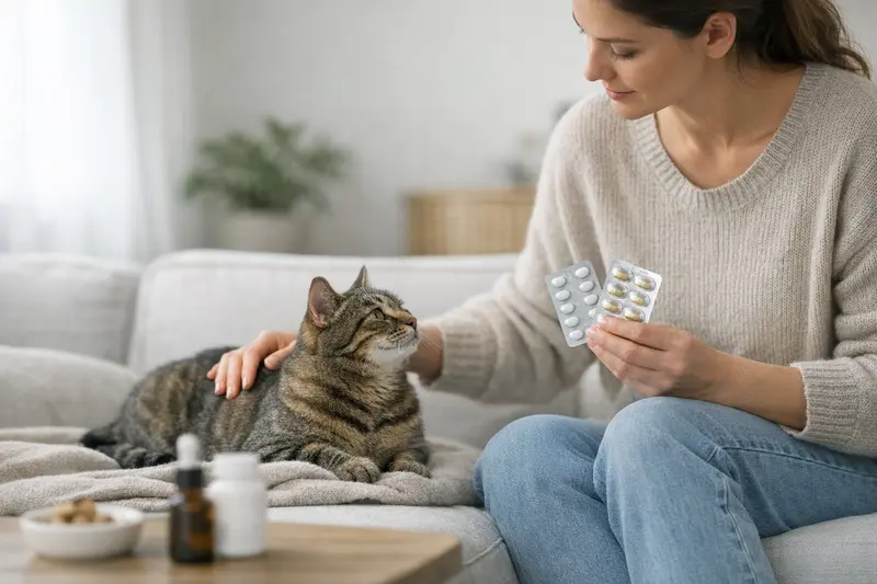 Eine Katze wird tierärztlich untersucht, während der Tierhalter über Vorsorgeleistungen informiert wird.