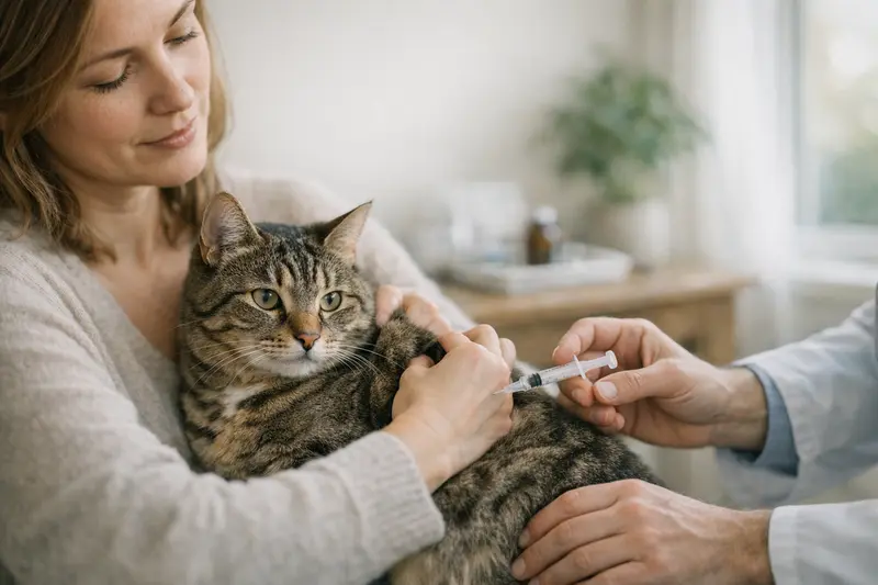 Eine Katze wird von einem Tierarzt geimpft, um Vorsorge für ihre Gesundheit zu treffen.