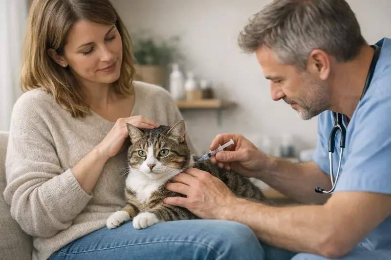 Eine Katze beim Tierarzt während einer Vorsorgeuntersuchung.