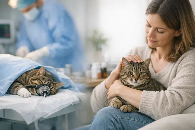 Katzenversicherung und tierärztliche Versorgung Eine Katze bei einer tierärztlichen Untersuchung, die die Unterschiede zwischen Katzen-OP-Versicherung und Katzenkrankenversicherung verdeutlicht.