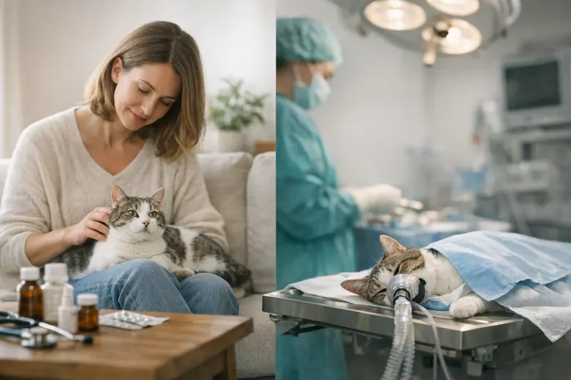 Tierarzt untersucht eine Katze für eine OP-Versicherung.