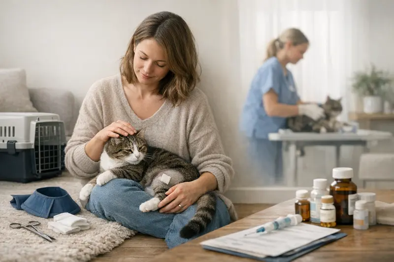 Katzenversicherung: OP-Schutz vs. Krankenversicherung Ein entspannter Kater beim Tierarzt, der mit einer Katzenkrankenversicherung abgesichert ist und den Unterschied zum OP-Schutz erklärt.