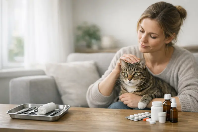 Ein beruhigter Kater während einer Untersuchung beim Tierarzt, der die Bedeutung von OP-Schutz und Krankenschutz erklärt.