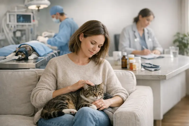 Katzenversicherung: OP-Schutz vs. umfassende Absicherung Eine Katzenbesitzerin steht nachdenklich vor einer Tierarztpraxis und überlegt, welche Katzenversicherung die beste Wahl für ihre Katze ist.