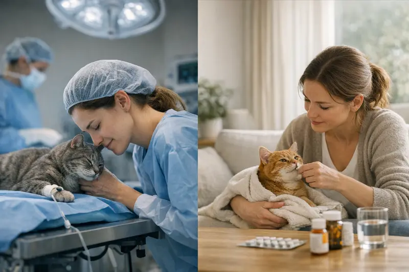 Unterschied zwischen OP-Versicherung und Krankenschutz bei Katzen Ein Haustierarzt erklärt einer Katzenbesitzerin die Unterschiede zwischen OP-Versicherung und Krankenschutz.
