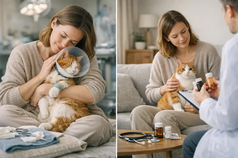Unterschied zwischen OP-Versicherung und Krankenschutz für Katzen Ein Tierarzt erklärt einer Katzenbesitzerin den Unterschied zwischen OP-Versicherung und Krankenschutz für ihre Katze.