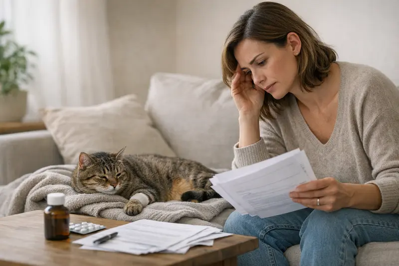 Katzenuntersuchung für Versicherungsentscheidungen Eine Katze wird von einem Tierarzt untersucht, um den Gesundheitszustand zu klären.