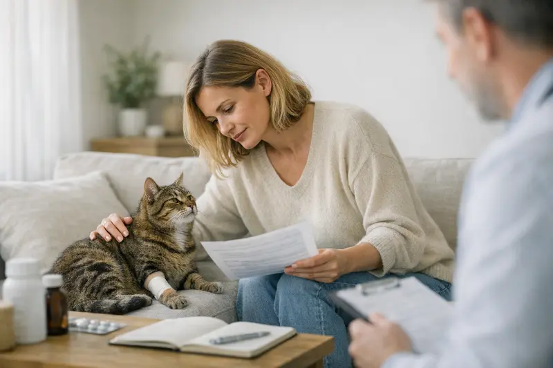 Katzenversicherung und Vorerkrankungen Eine Katze beim Tierarzt, die auf Untersuchungstisch sitzt und auf die Gesundheitsfragen vorbereitet wird.
