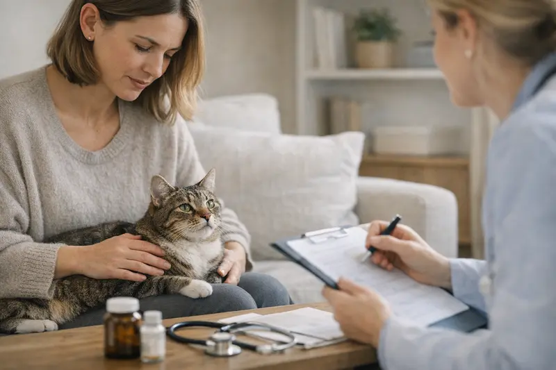 Katze beim Tierarzt - Vorerkrankungen prüfen Eine Katze beim Tierarzt, die untersucht wird, während der Halter sich über Vorerkrankungen informiert.