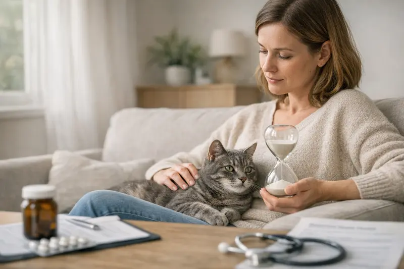 Wartezeiten und Vorerkrankungen in der Katzenversicherung Eine Katze mit einem Tierarzt, die über Wartezeiten und Vorerkrankungen bei Katzenversicherungen spricht.