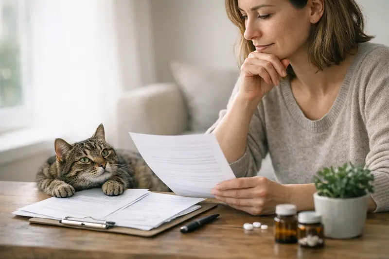 Eine Katze sitzt entspannt auf einem Tisch, während ein Tierarzt die Versicherungsunterlagen durchgeht.