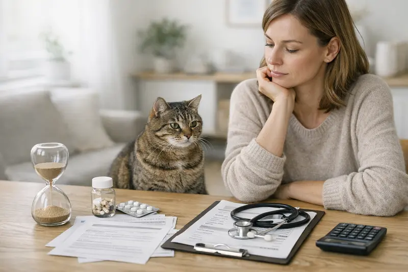 Katzengesundheit und Versicherungsdetails Eine Katze sitzt entspannt im Tierarztsessel, symbolisiert die Wichtigkeit von Katzenversicherungen.