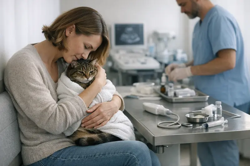 Katzenversicherungen und Tierarztkosten Eine Katze wird von einem Tierarzt untersucht, während eine Katzeversicherung für Tierarztkosten wichtig ist.