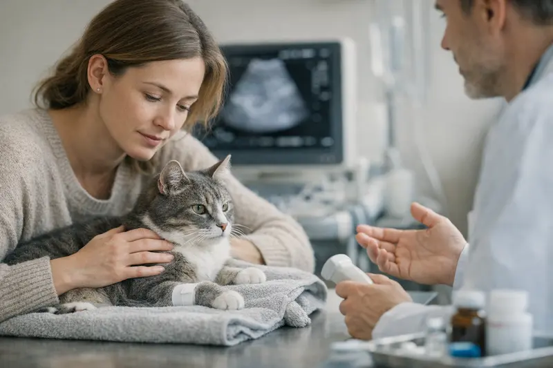 Tierarztkosten Katzenversicherung Katzenhalterin überprüft Tierarztkosten für ihre Katze auf einem Tablet.
