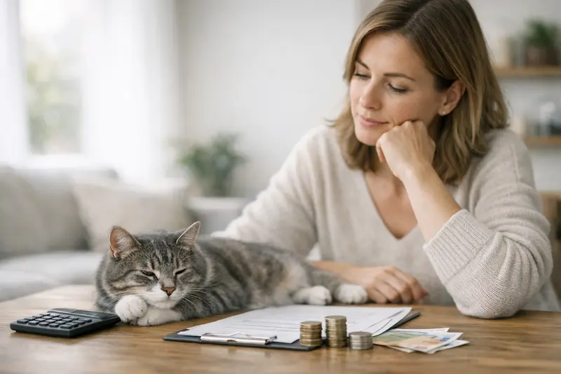 Eine Katzendame sitzt entspannt und wird von einer Tierhalterin betreut, während sie Informationen über Selbstbeteiligungen in der Katzenversicherung betrachtet.
