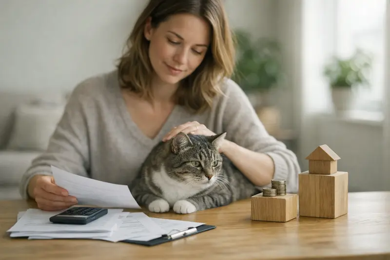 Eine Katze bei der Untersuchung durch einen Tierarzt, während die Kosten für die Behandlung besprochen werden.
