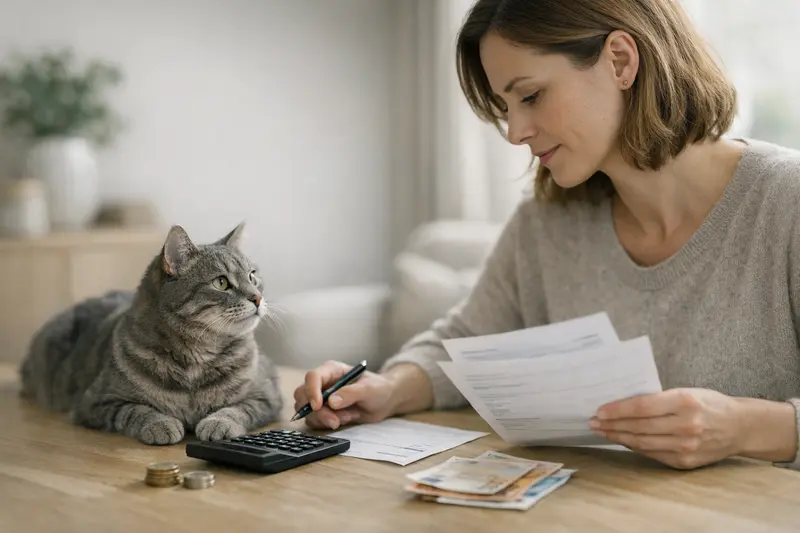 Selbstbeteiligung Katzenversicherung Tierarzt bei der Untersuchung einer Katze mit einer Rechnung im Hintergrund, die das Thema Selbstbeteiligung veranschaulicht.