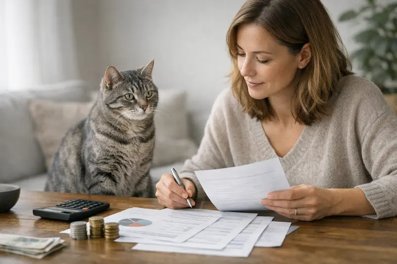 Katzenversicherung Selbstbeteiligung & Erstattung Katzenbesitzerin prüft die Selbstbeteiligung und Erstattung ihrer Katzenversicherung.