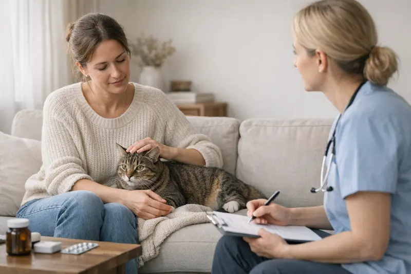 Tierarztuntersuchung bei Katzen Eine Katze wird vom Tierarzt untersucht, um den Gesundheitszustand zu bestimmen.